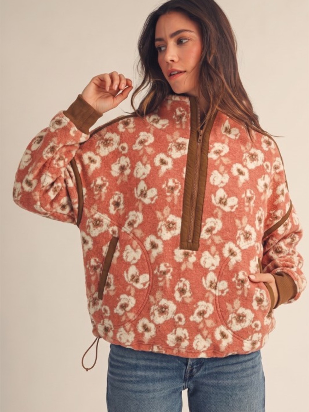 F78-(ETA 9/4) 🧡🤎VINTAGE GARDEN 1/2 ZIP FLEECE PULLOVER WITH POCKETS
